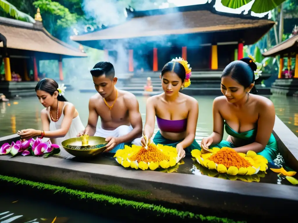 Rituales hindúes en Bali: Imagen de purificación en un templo sagrado con ofrendas coloridas y participantes vestidos de forma tradicional