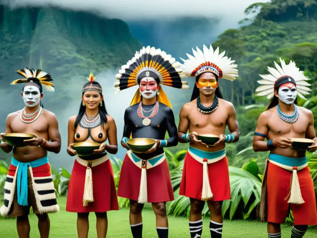 Rituales humanos de diversas culturas, con danzas, cantos y ofrendas en un entorno natural exuberante