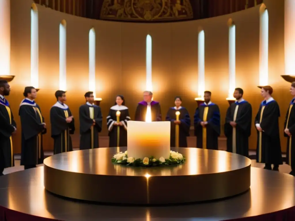 Rituales de inauguración año académico: Profesores y estudiantes rodean una vela encendida mientras el presidente universitario realiza la ceremonia