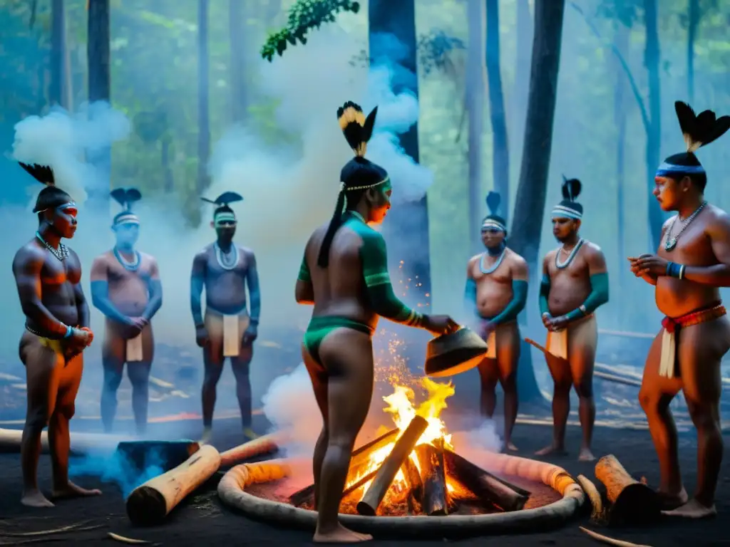 Rituales indígenas americanos: Ceremonia sagrada en la selva con danza alrededor del fuego y humo de palo santo