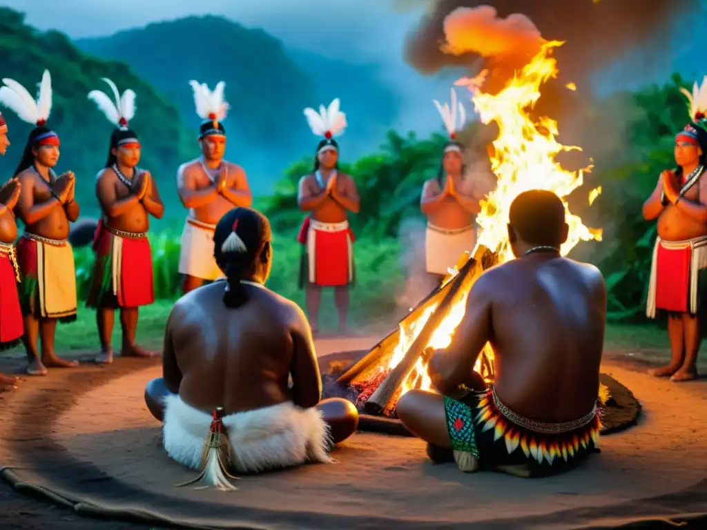 Rituales indígenas americanos: Shaman dirige ceremonia alrededor del fuego con danzas y música sagrada en medio de exuberante vegetación