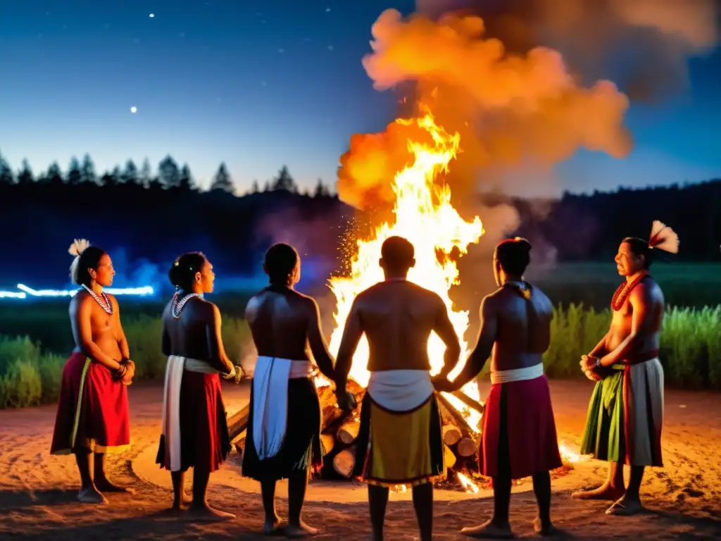 Rituales indígenas americanos: Grupo de nativos bailando alrededor de una fogata, sus trajes tradicionales resplandecen bajo el cielo nocturno