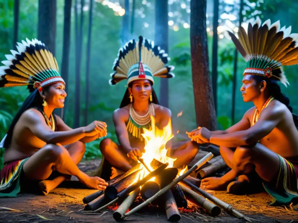 Rituales indígenas vida trabajo: Ceremonia alrededor del fuego en la selva, con danzas y ornamentación tradicional