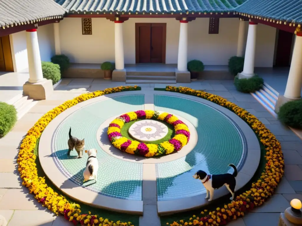 Rituales de integración de mascotas en espacios sagrados: Personas y mascotas reunidas en un tranquilo patio de templo, compartiendo un momento de paz y armonía, adornados con guirnaldas de flores y la luz dorada resaltando los detalles del lugar