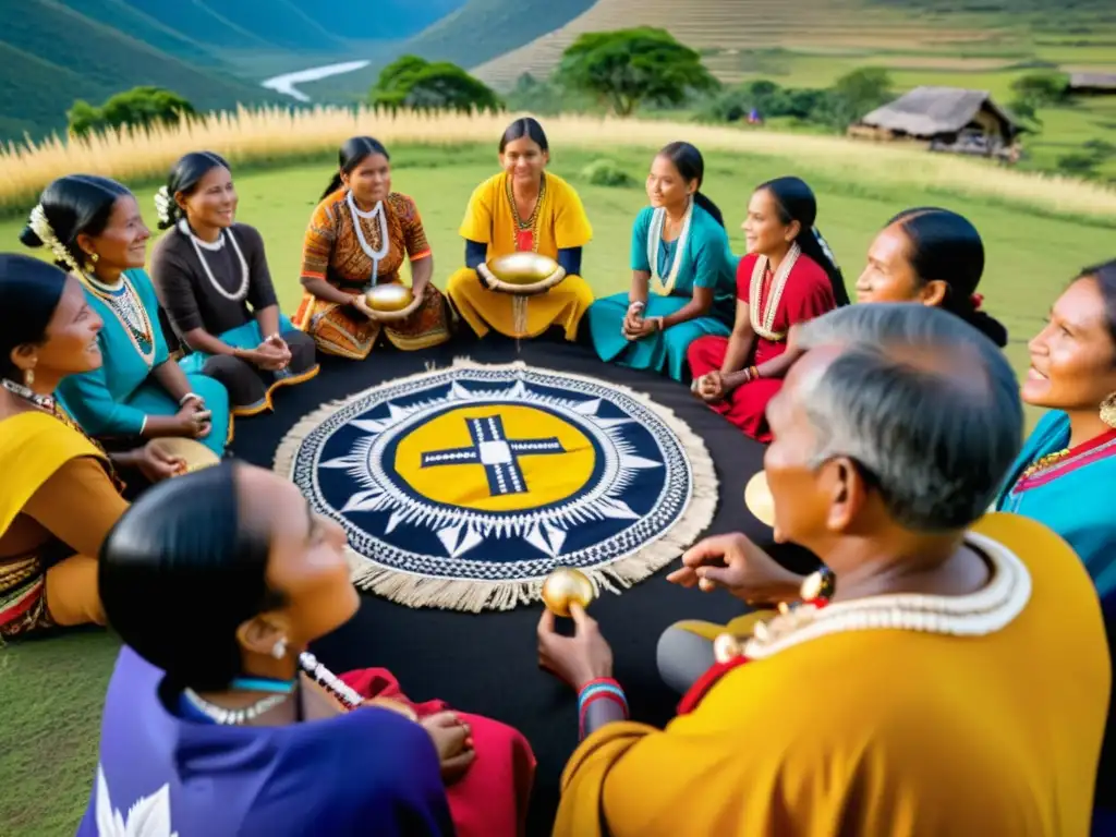 Rituales de intercambio antes moneda: indígenas en ceremonia, ataviados con trajes tradicionales, intercambian bienes en un escenario natural y cálido