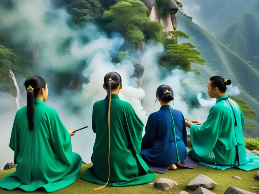 Ritual taoísta en la montaña: conexión espiritual Rituales taoístas transformación interna: Practicantes realizan ritual en la montaña, inmersos en la serenidad y conexión con la naturaleza