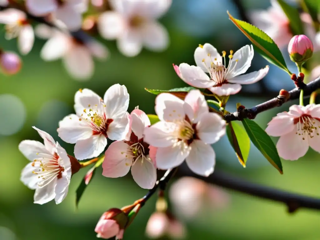 Rituales japoneses de Hanami primavera: Bellas flores de cerezo rosadas en plena floración, en un jardín japonés tradicional con luz suave y serenidad