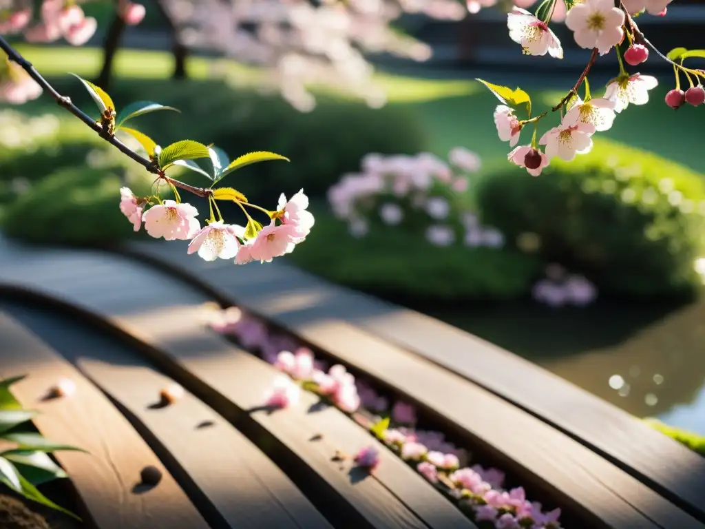 Rituales japoneses de Hanami primavera: imagen de flores de cerezo en plena floración, bañadas por la luz del sol en un jardín japonés sereno