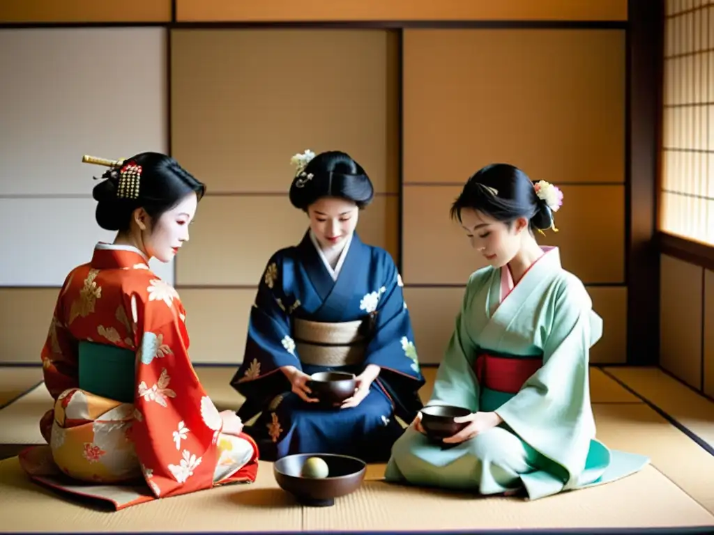 Rituales japoneses kimono geishas realizan ceremonia del té con gracia en tatami sereno