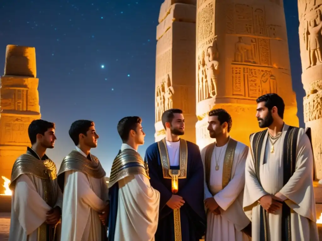 Rituales de iniciación en Mesopotamia: Jóvenes iniciados ante un templo con antorchas, columnas talladas y el cielo estrellado