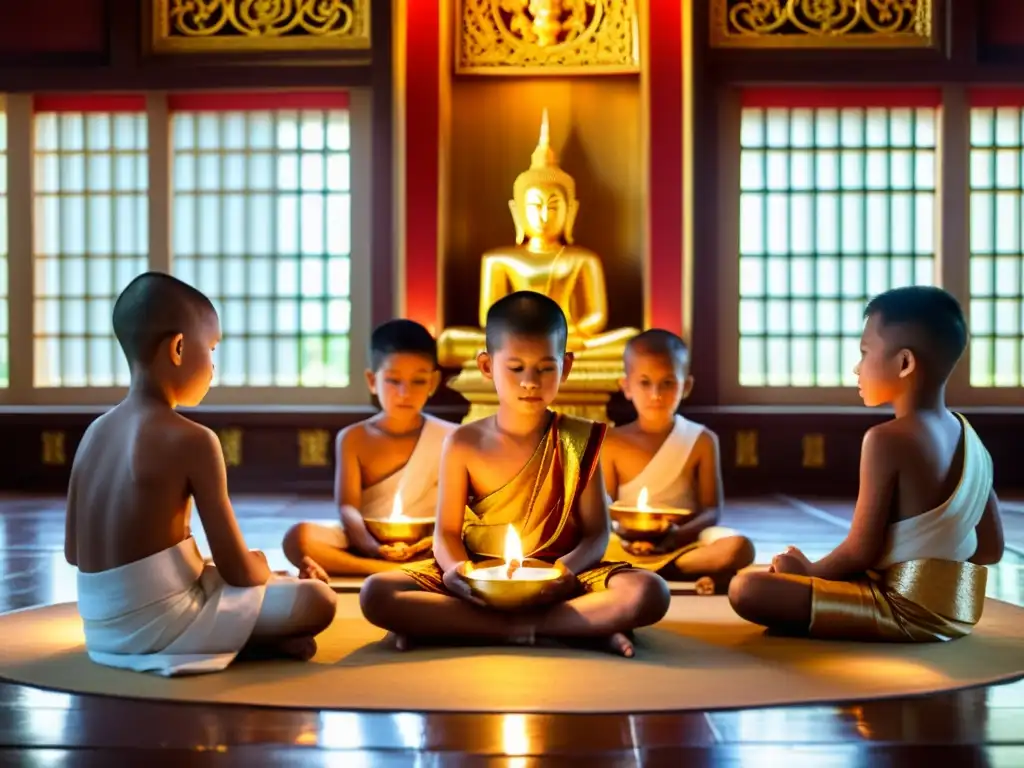 Rituales de iniciación en Tailandia: Jóvenes en ritual sagrado con monje guía en templo decorado con estatuas doradas y velas