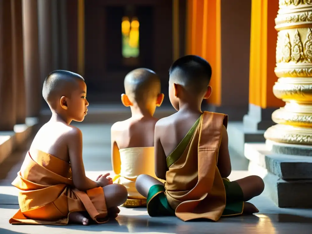 Rituales de iniciación en Tailandia: jóvenes tailandeses recibiendo bendiciones de monjes budistas en un templo, con una atmósfera serena y etérea