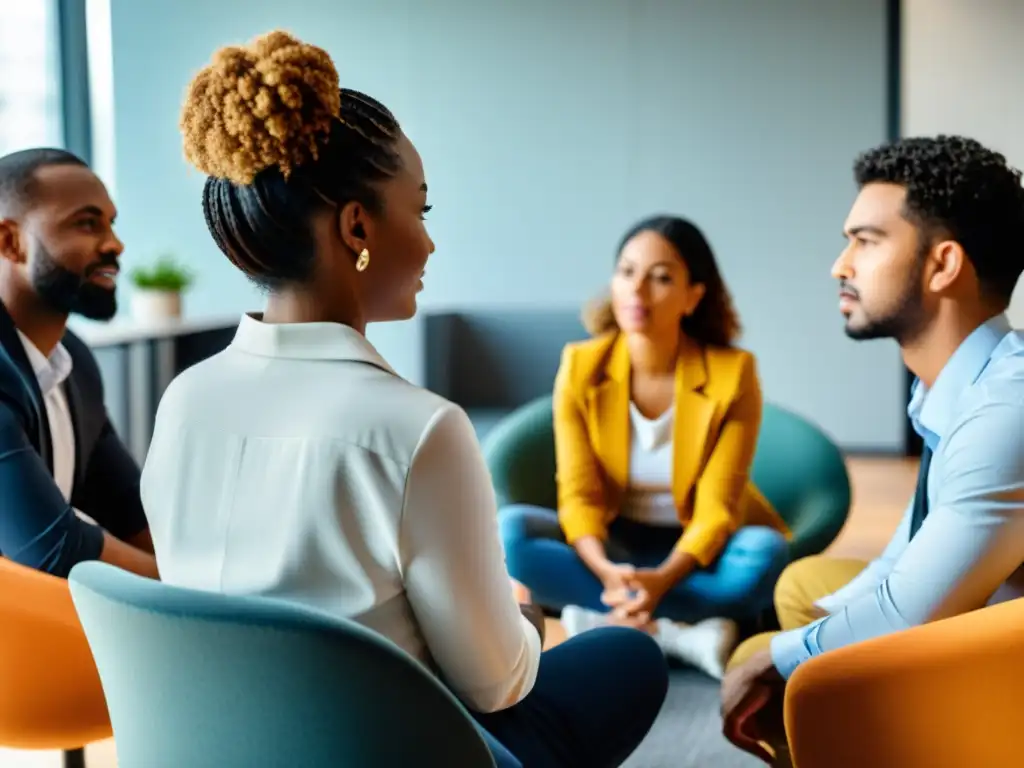 Rituales de mediación laboral en una oficina moderna: empleados expresan emociones mientras un mediador guía la discusión