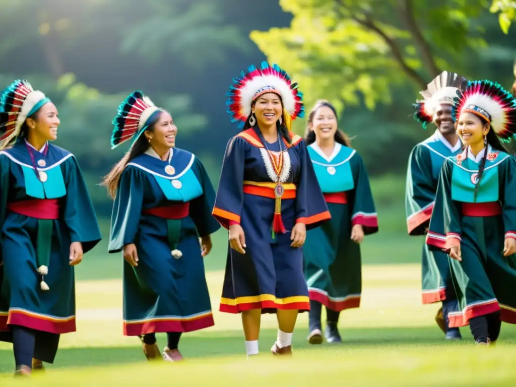 Graduación indígena: danza ceremonial en la naturaleza Rituales de graduación indígenas América Latina: Grupo de graduados nativos bailando con orgullo en medio de la naturaleza exuberante y soleada