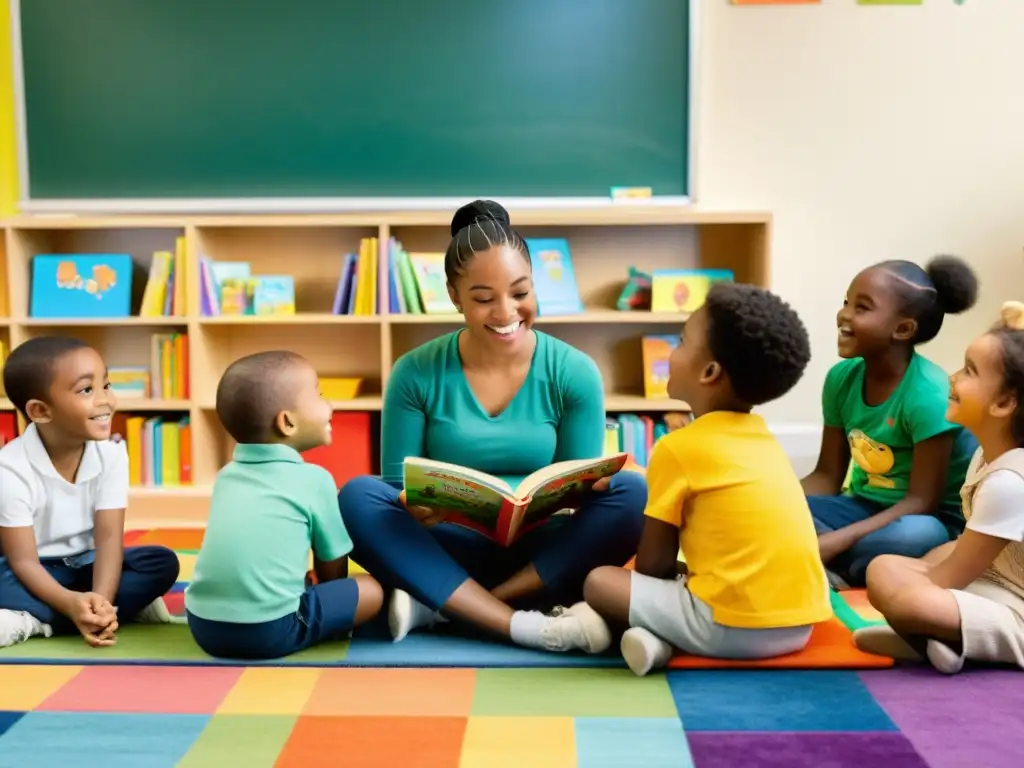 Rituales de lectura para niños: Un rincón acogedor de aula iluminada, la maestra lee un libro a niños entusiasmados