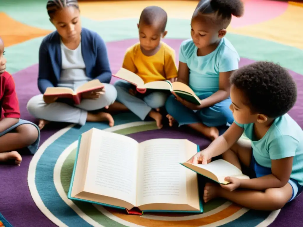 Rituales de lectura para niños: Imagen de niños diversos leyendo juntos en círculo, rodeados de libros y un ambiente acogedor de aprendizaje