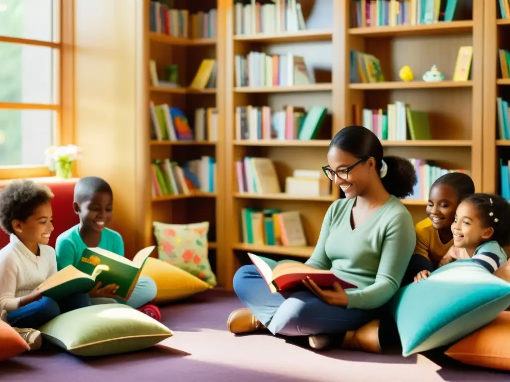 Rituales de lectura para niños: Una biblioteca acogedora iluminada por el sol, niños escuchando atentamente a la bibliotecaria mientras lee un libro, creando una atmósfera mágica de cuentos y alegría