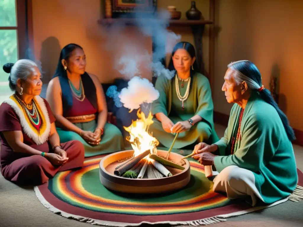 Rituales de limpieza espiritual hogar: Anciano realiza ceremonia de smudging en ambiente cálido y familiar con humo de salvia y sweetgrass