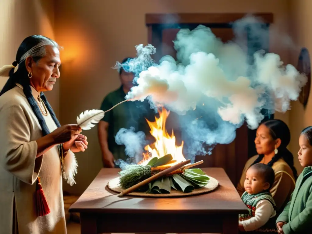 Rituales de limpieza espiritual hogar: Ceremonia de smudging en una casa nativa americana, con familia participando y una cálida atmósfera reverente