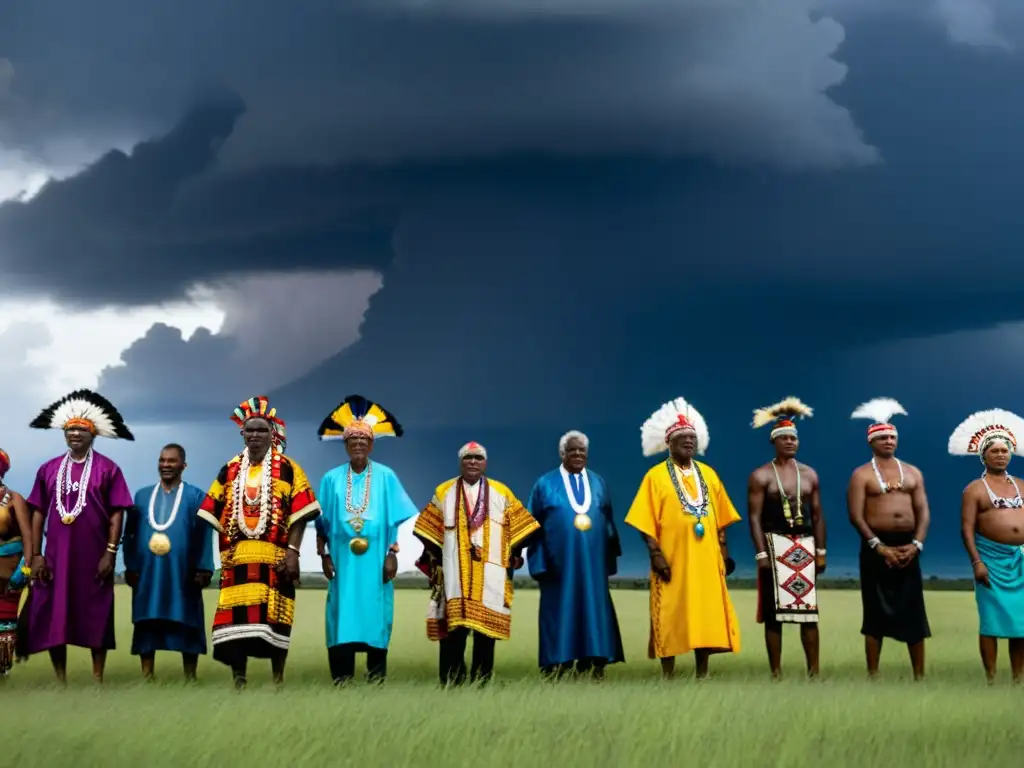 Rituales de lluvia tribus africanas: Comunidad realiza danza de la lluvia con urgencia y reverencia bajo nubes amenazantes en campo abierto