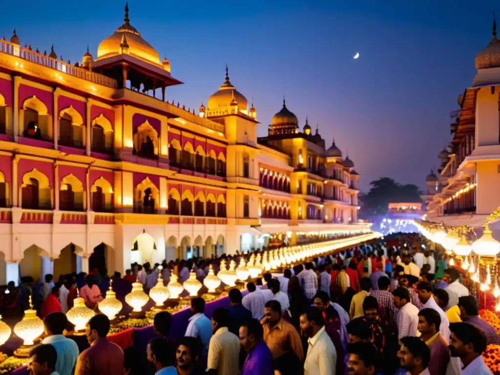 Rituales de luces en India: Calles repletas de lámparas y luces LED durante el festival de Diwali, creando una atmósfera festiva y encantadora