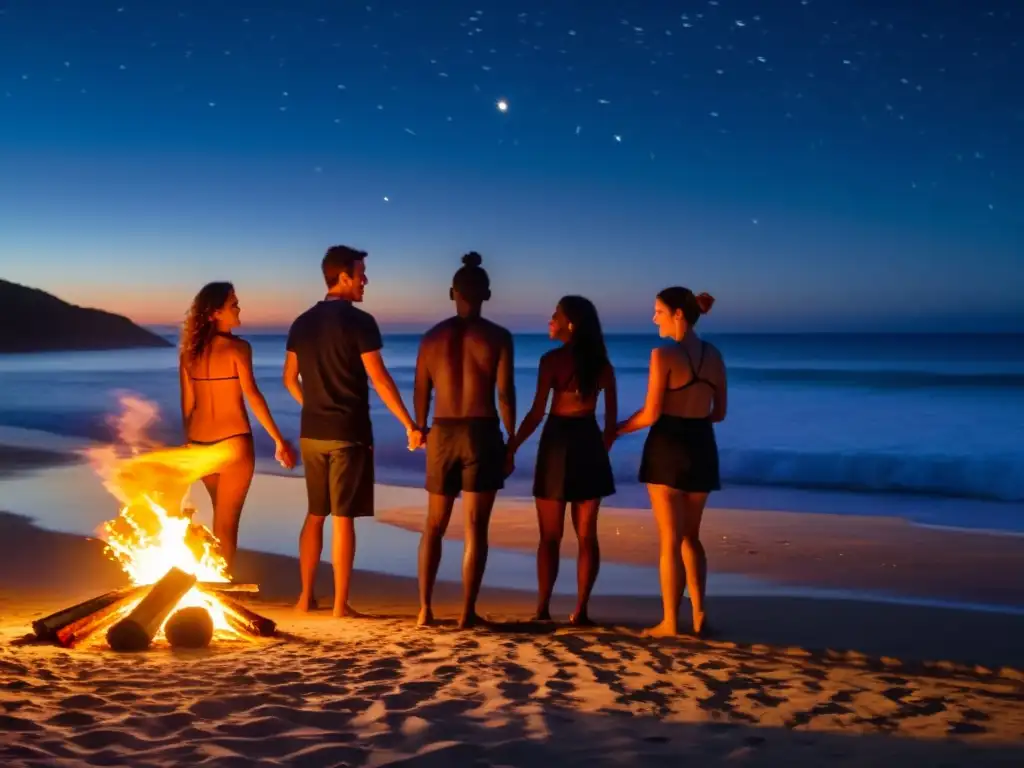 Rituales mágicos noche San Juan: Personas danzando alrededor de una fogata en la playa, bajo un cielo estrellado