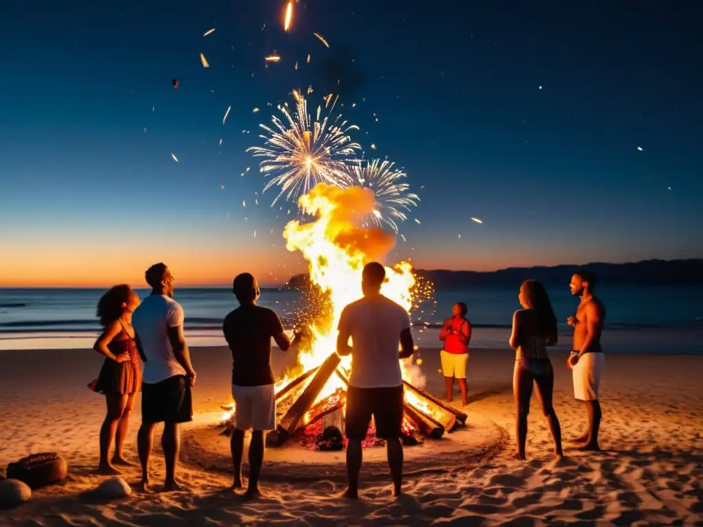 Rituales mágicos noche San Juan: Diversas personas celebran alrededor de una fogata en la playa, saltando, bailando y quemando deseos en papel