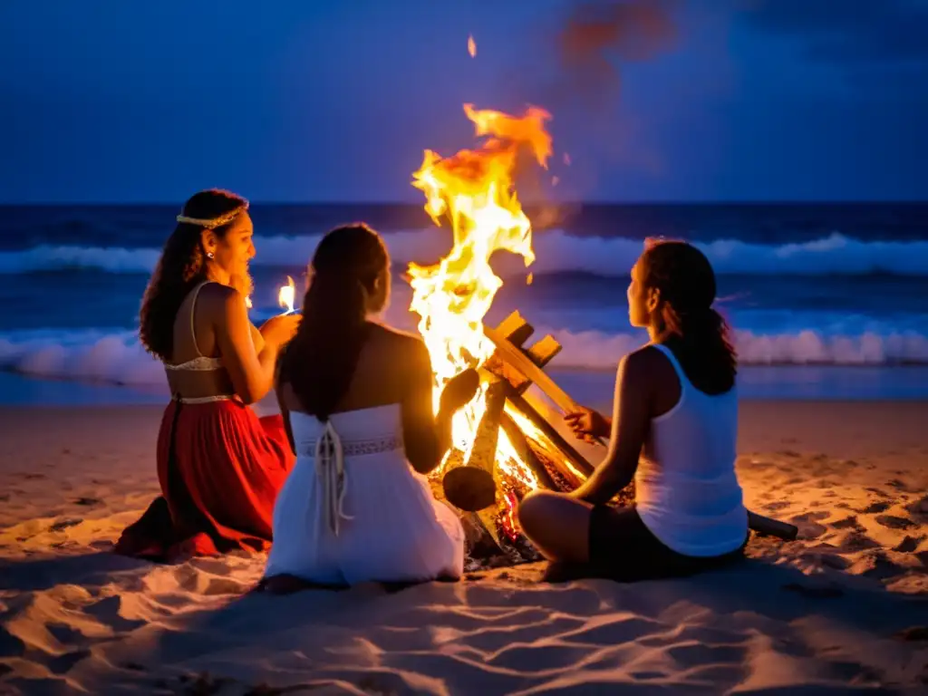 Rituales mágicos noche San Juan: Personas celebrando alrededor de una fogata en la playa, con velas, hierbas y objetos místicos