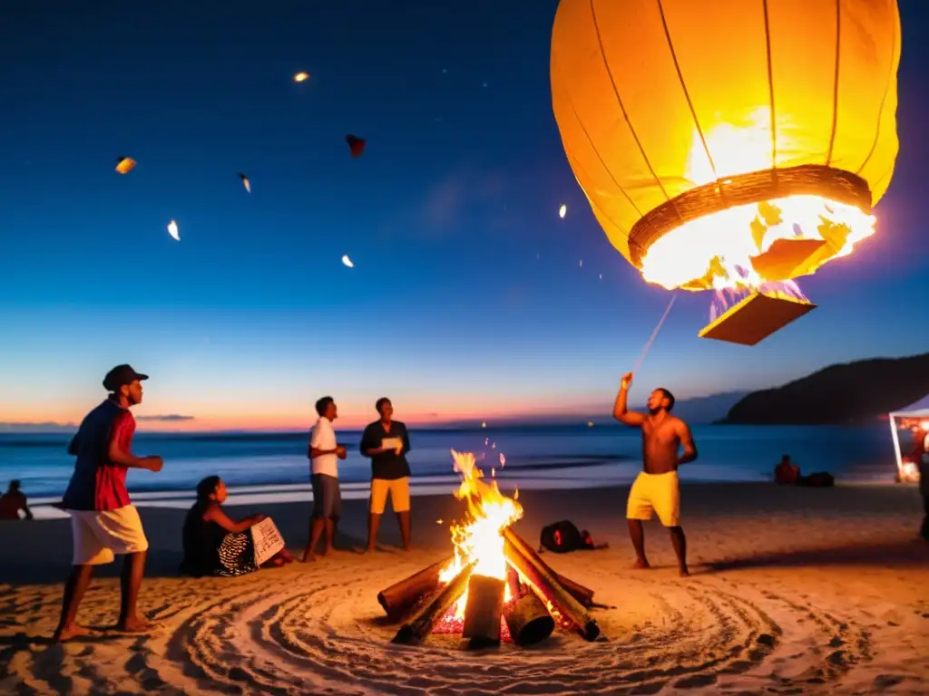 Rituales mágicos noche San Juan: Celebración en la playa con fogata, baile, tambores y linternas voladoras iluminando el cielo estrellado