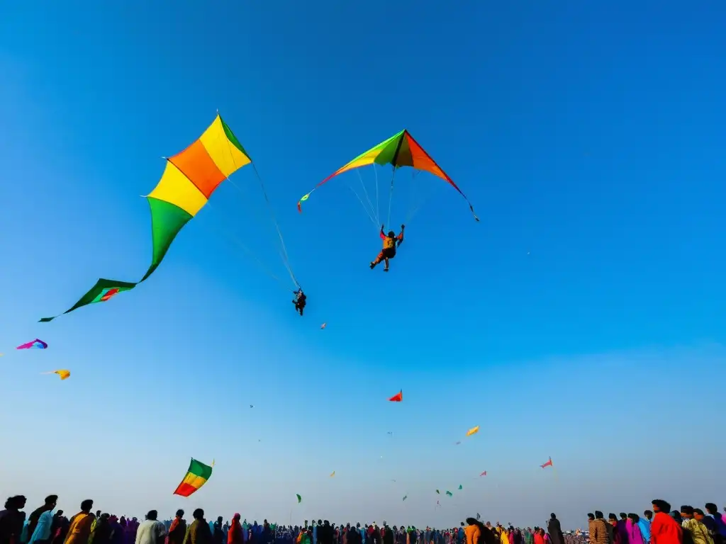 Rituales de Makar Sankranti en India: Gente volando coloridas cometas en un cielo azul, capturando la emoción festiva