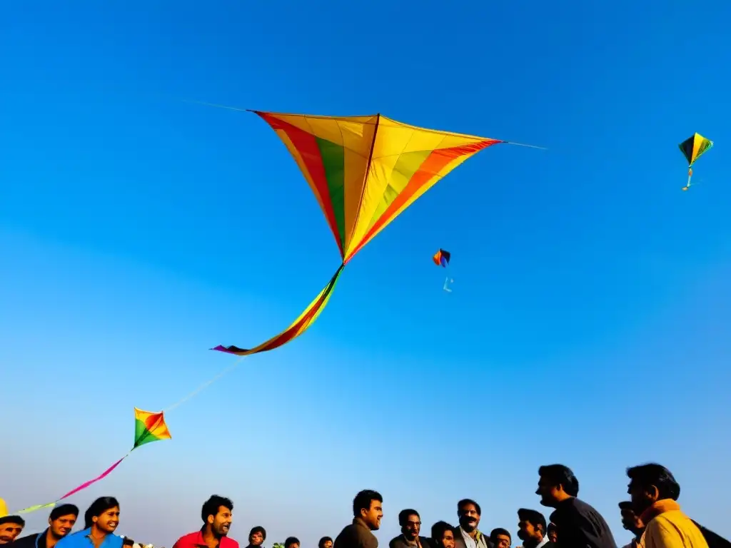 Rituales de Makar Sankranti en India: Coloridos cometas vuelan en el cielo azul, creando un espectáculo de tradición y unidad