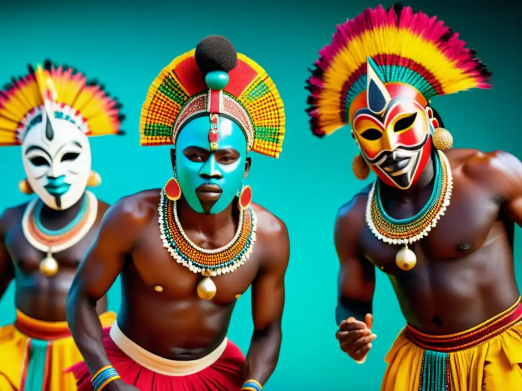 Rituales de máscaras en África Occidental: Dancers ejecutan danza tradicional con máscaras vibrantes y coloridas en una comunidad bulliciosa