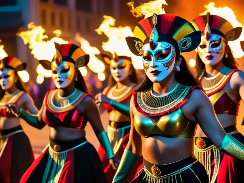 Rituales de máscaras en África Occidental: Máscaras, danzas y ceremonias en un claro iluminado por antorchas bajo la luna