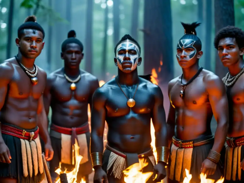 Rituales de masculinidad en tribus: Jóvenes guerreros en ceremonia alrededor de una fogata en el bosque oscuro