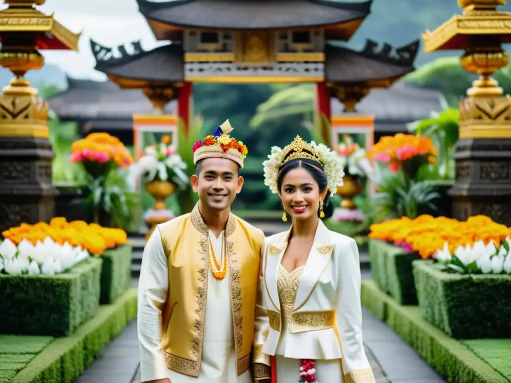 Rituales matrimoniales en la boda balinesa: pareja ataviada con trajes tradicionales frente a un templo decorado con flores y tallas, rodeados de exuberante vegetación y ofrendas