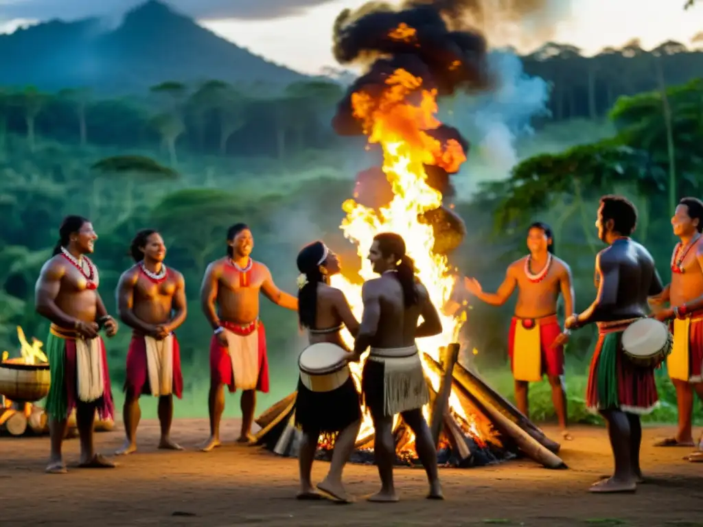 Rituales de matrimonio amazónico: Celebración con baile y fuego en la selva, exuberante y lleno de vida