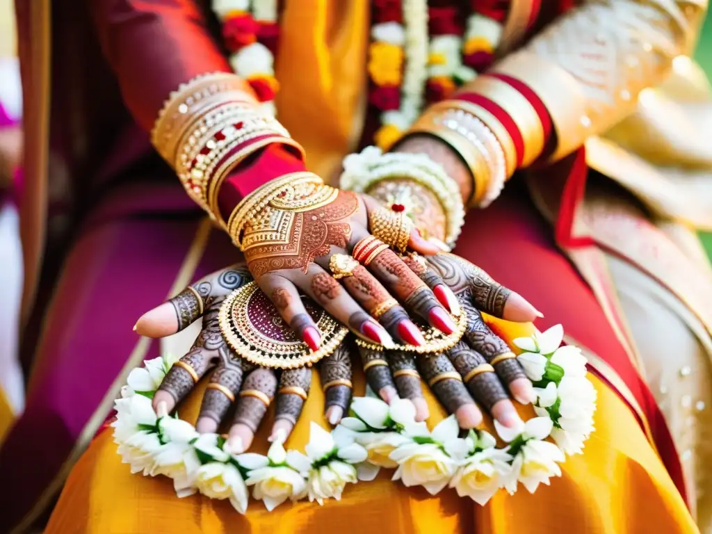 Rituales de matrimonio en culturas: Una colorida ceremonia hindú con novios, familia y amigos participando en tradiciones ancestrales