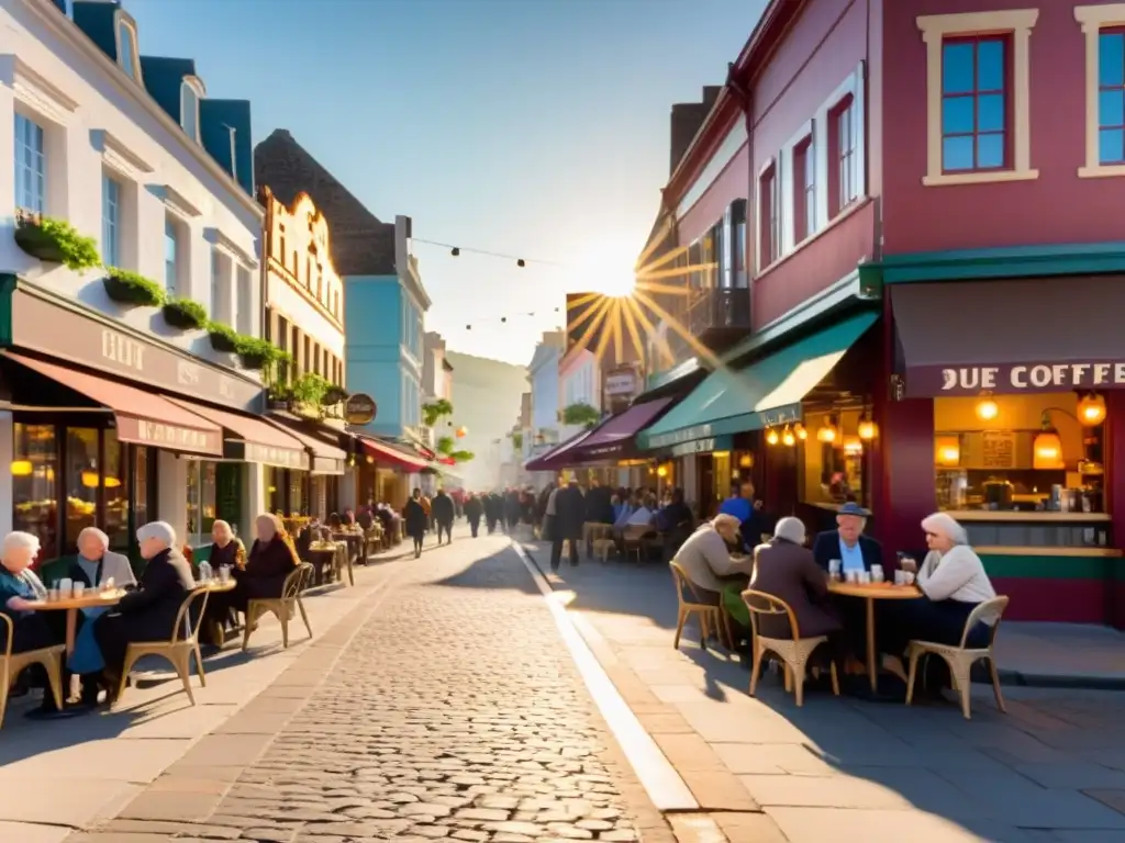 Rituales matutinos café cultura: Calles de la ciudad con cafeterías vibrantes, gente disfrutando del café y conversaciones animadas al amanecer