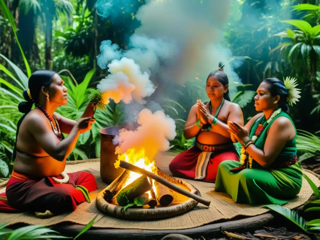 Rituales de medicina natural con plantas: sanadores indígenas realizan un ritual en la selva, creando una escena mística y cautivadora