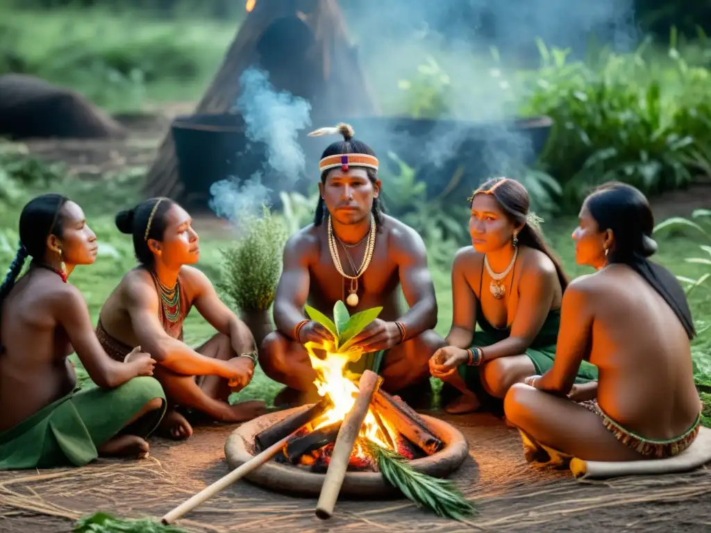 Rituales medicinales en peligro: Indígenas se reúnen alrededor de un fuego en la selva, participando en una ancestral ceremonia con hierbas aromáticas