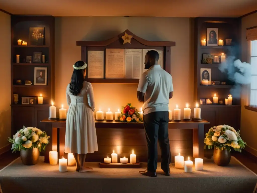 Rituales para honrar la memoria: Familia reunida alrededor de un altar con velas, flores y fotos de ancestros