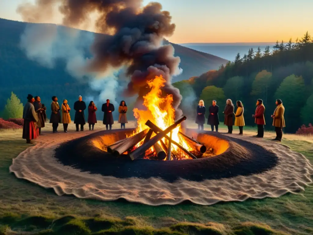 Rituales para el Equinoccio: Celebración mística alrededor de la fogata en el bosque al atardecer, con danzas y vestimenta terrosa