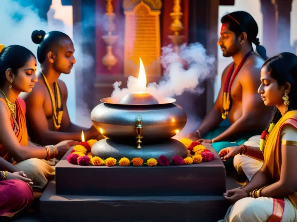 Rituales místicos de Maha Shivaratri: Devotos hindúes en profunda meditación, frente a un Shiva lingam adornado, entre humo de incienso y luz de velas