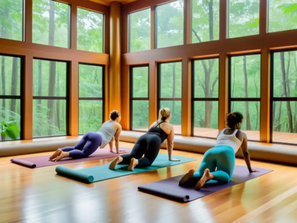 Rituales de movimiento para bienestar emocional en un estudio de yoga sereno con vistas a un bosque exuberante y personas practicando yoga juntas