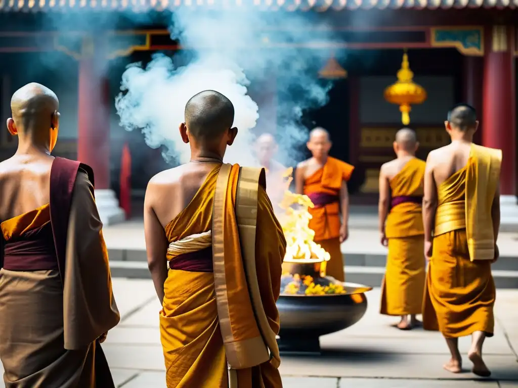 Rituales de muerte en el Budismo: Ceremonia funeral serena en un templo, con monjes en túnicas color azafrán realizando el ritual de cremación, familiares y dolientes observando solemnemente entre incienso y luz natural