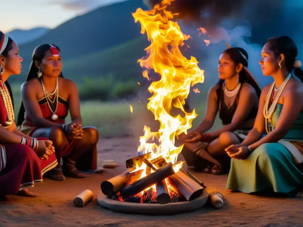 Rituales de mujeres en culturas indígenas: ceremonia alrededor del fuego sagrado, danzas y rezos ante deidades ancestrales