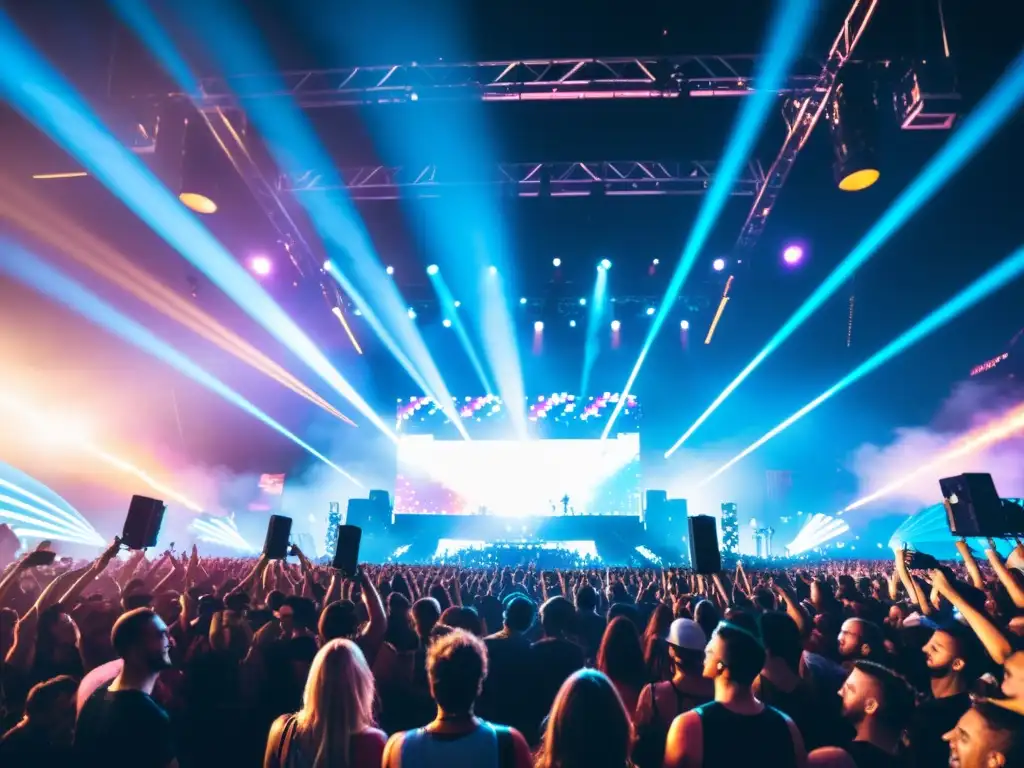 Rituales de conexión subcultura EDM: Multitud bailando con luces y colores en festival de música electrónica, transmitiendo euforia y unidad