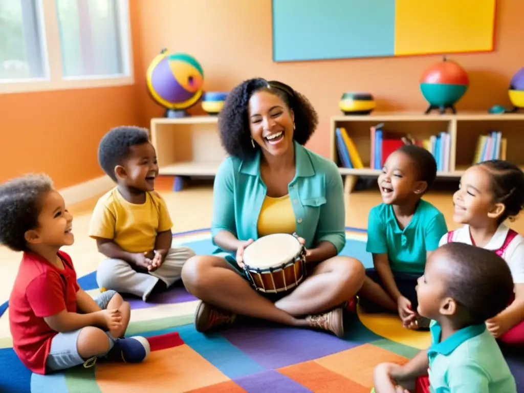 Rituales musicales desarrollo infantil: Niños felices tocando instrumentos en círculo con su maestra