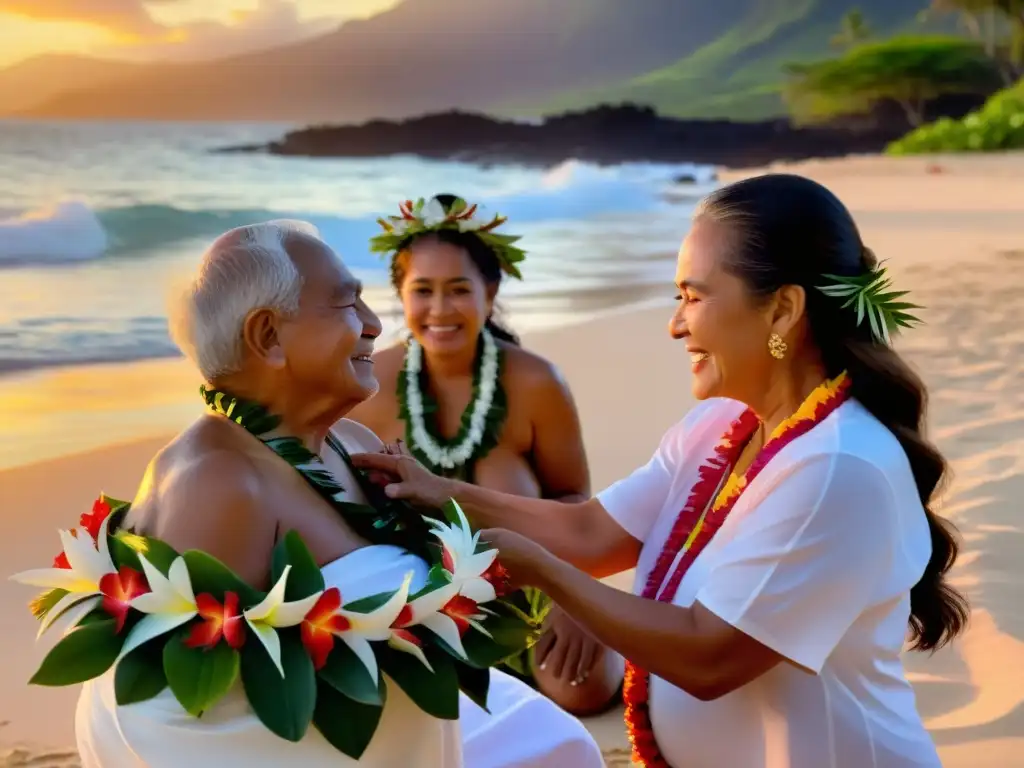 Rituales de nacimiento en Hawái: Ceremonia tradicional en la playa al atardecer, con la madre y la comunidad en atuendos hawaianos, rodeados de leis florales y cantos rituales