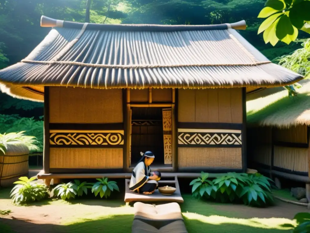 Rituales Ainu de nacimiento Japón: Casa tradicional Ainu con decoración de madera, ritual sagrado con recién nacido y exuberante vegetación